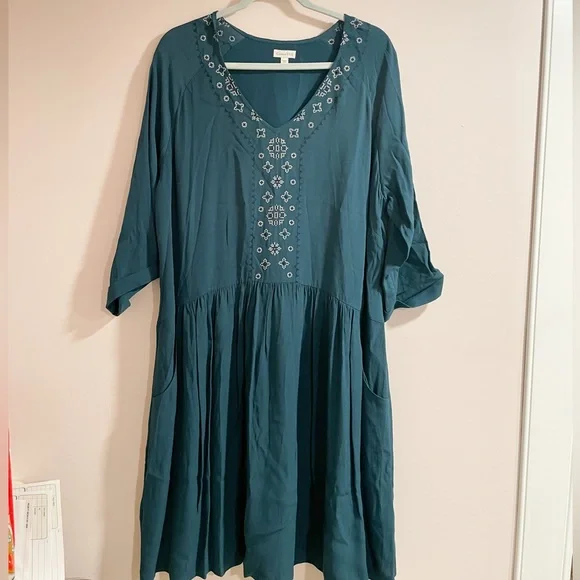 Garnet Hill Blue Green Casual Long Sleeve Dress